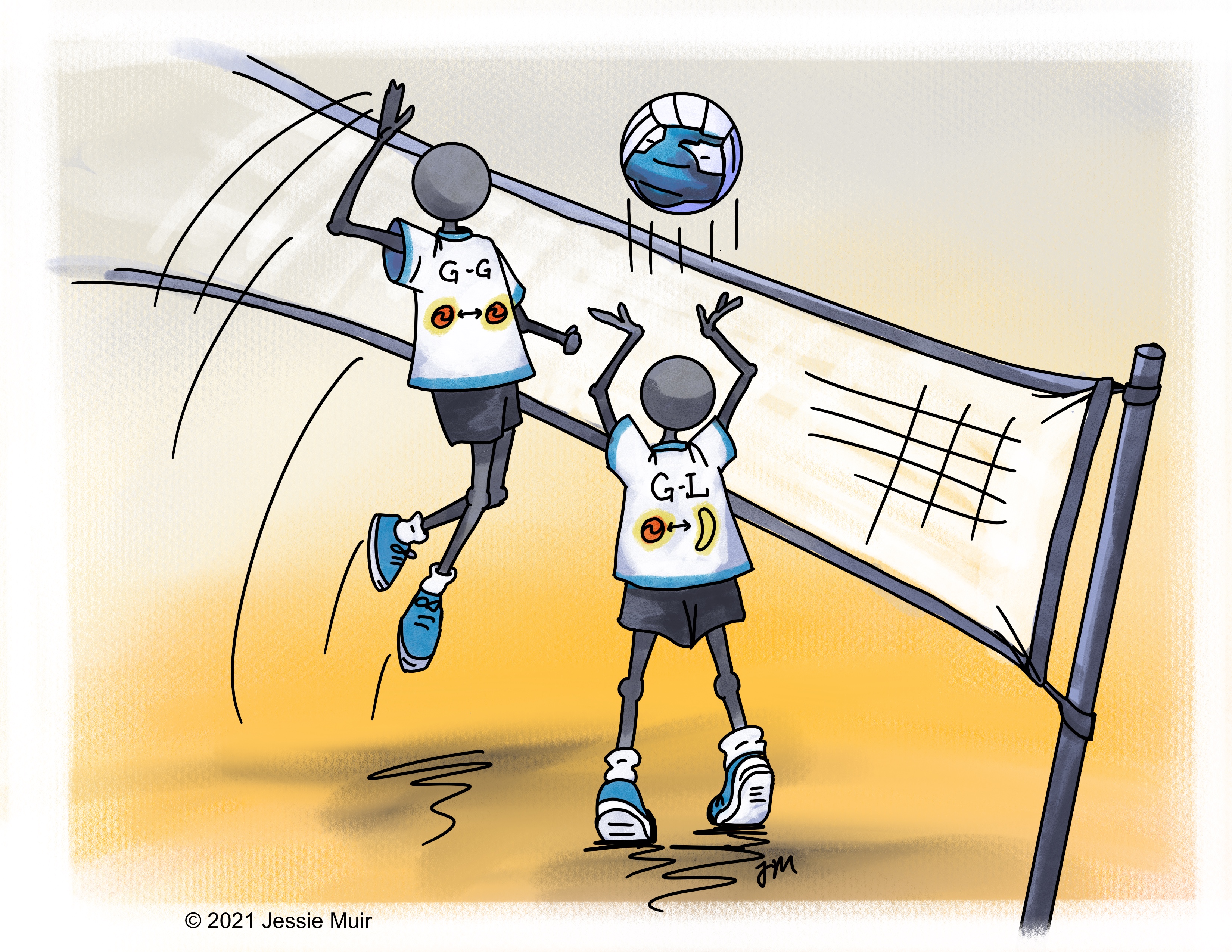 alt="Two stick figures playing volleyball wearing t-shirts representing cosmic shear and galaxy-galaxy lensing. One is setting the ball and the other is ready to spike it, showing how the two observables work together as a team to provide cosmological information."
