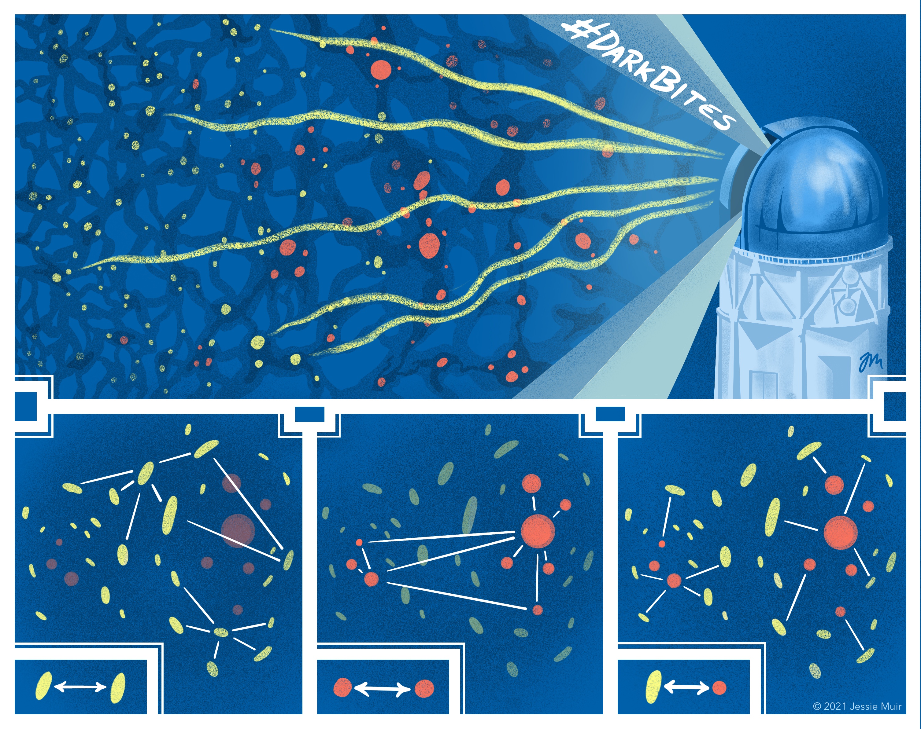 alt="Cartoon of the three kinds of two-point correlation measurements used in the DES combined galaxy clustering and weak lensing analysis: shape-shape, position-position, and shape-position."