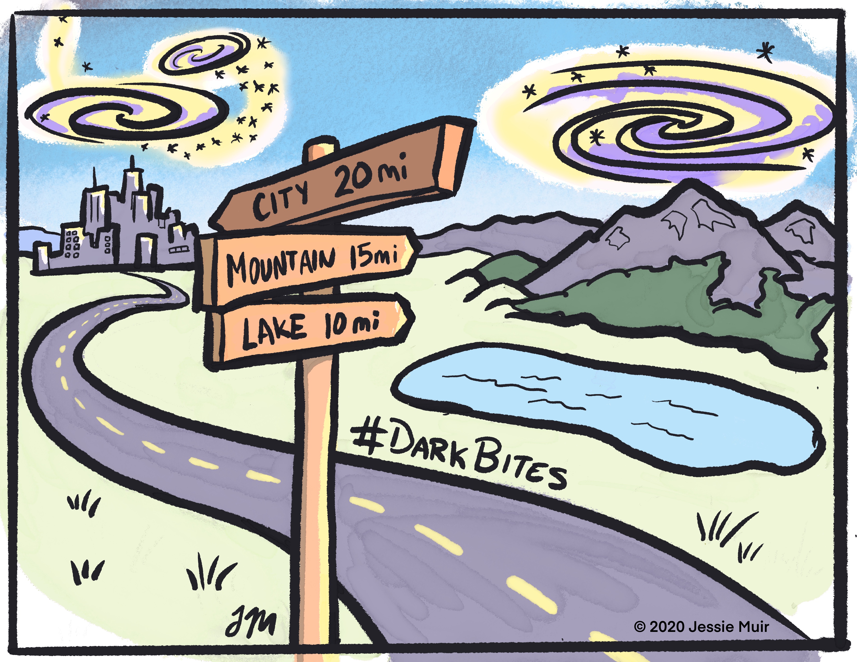 alt="Cartoon of a landscape showing galaxies floating over landmarks, with a road sign showing distances to them."