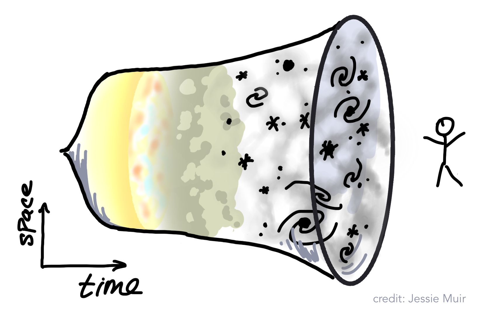 alt="Cartoon version of schematic history of the universe, shown as a tube with the horizontal axis going from right to left representing time, and the size of the tube in the vertical direction representing the expansion of the universe. Drawn into the tube are representation of the CMB surface of lass scattering, reionization, dark matter large scale structure, and galaxies."