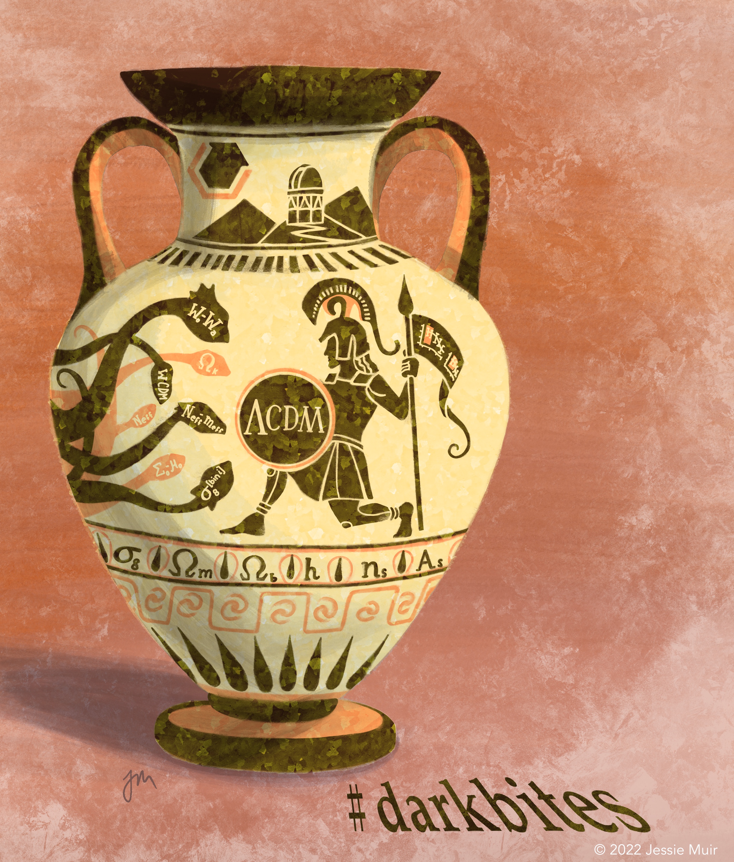 alt="Cartoon of a greek urn featuring a warrior fighting a hydra. The warrior's shield is labeled Lambda-CDM and each of the hydra's heads are labeled with parameters of model extensions we tested in the paper."