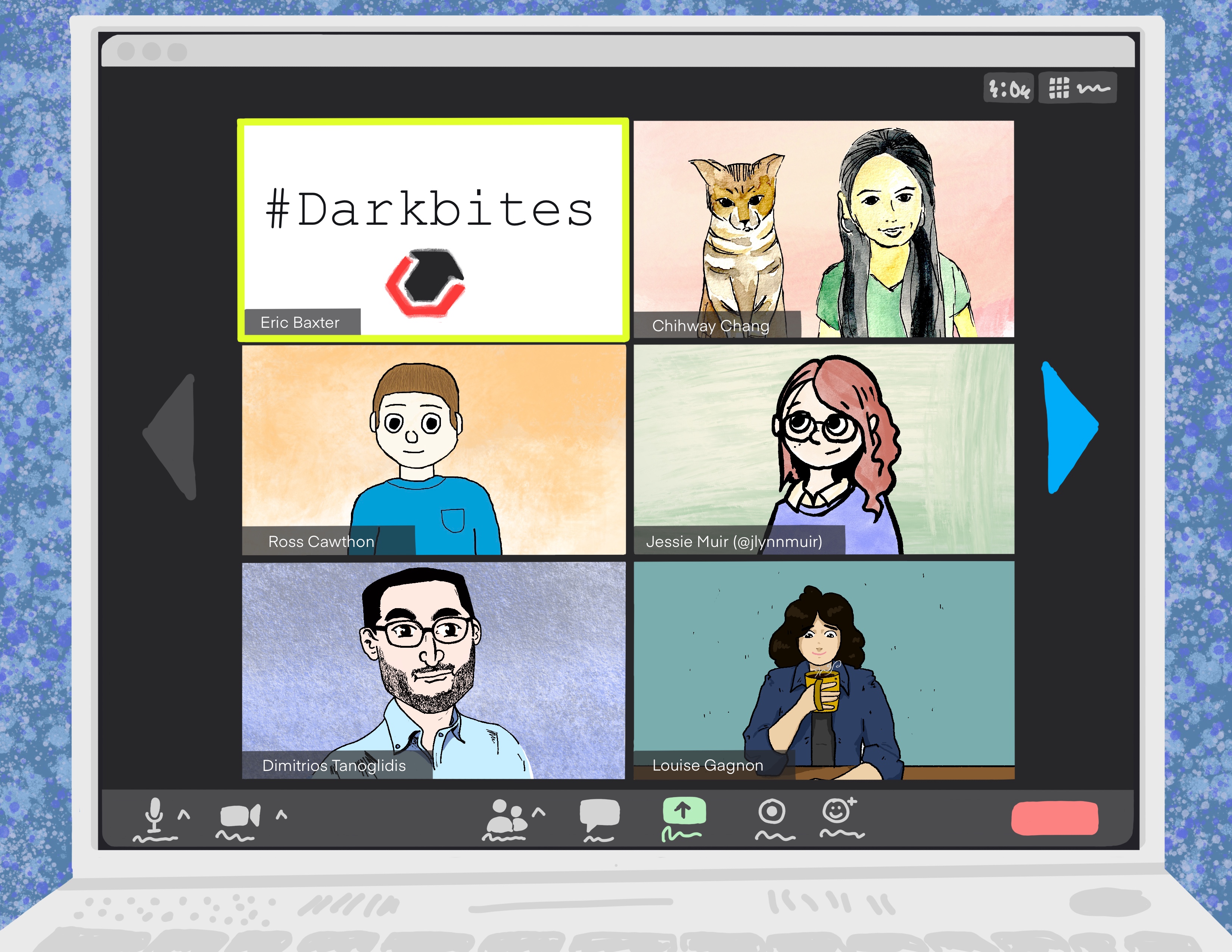 alt="Cartoon zoom window with self portraits of the darkbites contributors shown in each panel."