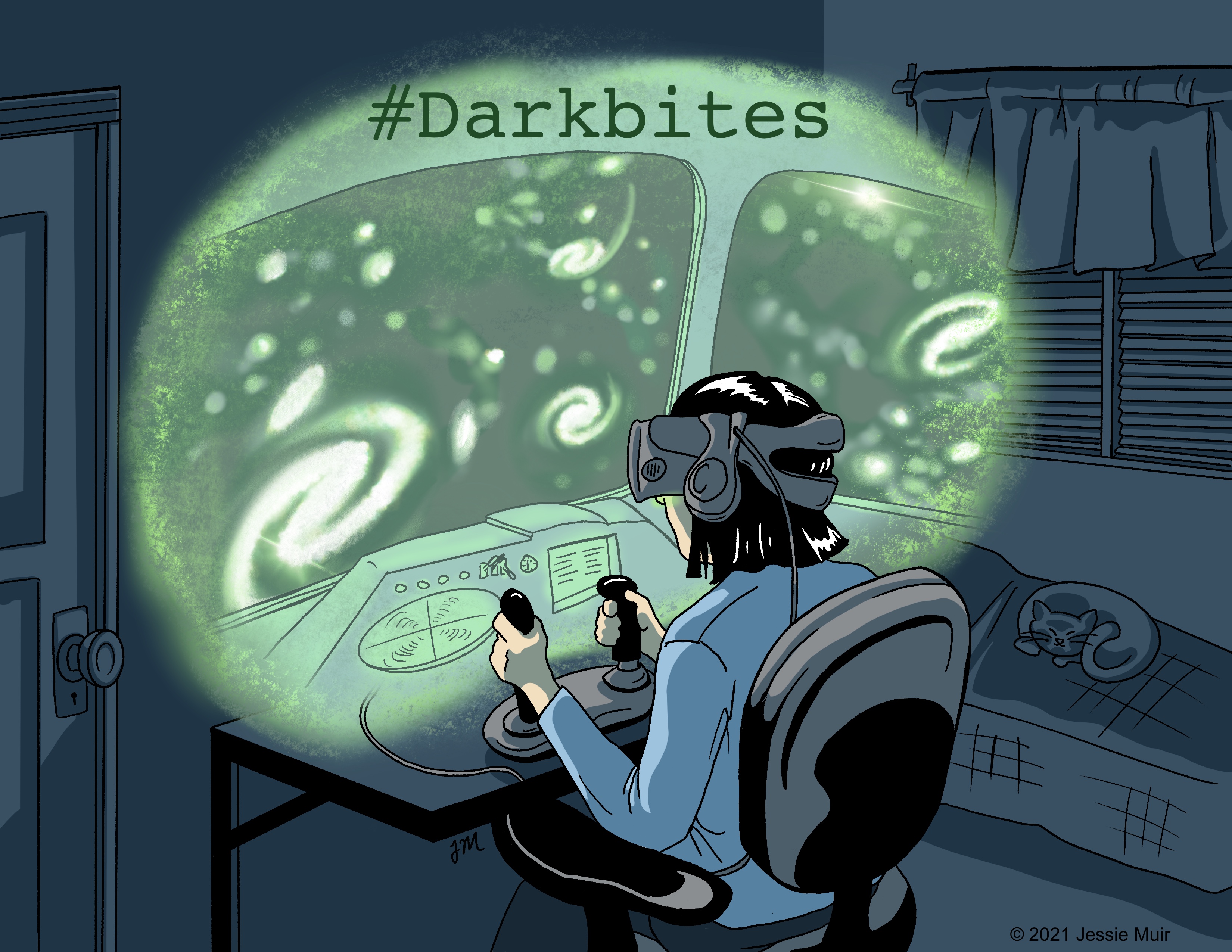 alt="Cartoon of a person operating a flight simulator with a virtual reality headset. A greenish glowing cloud in front of their face shows what they see on the headset: the cockpit of a plane with galaxies outside the windows."