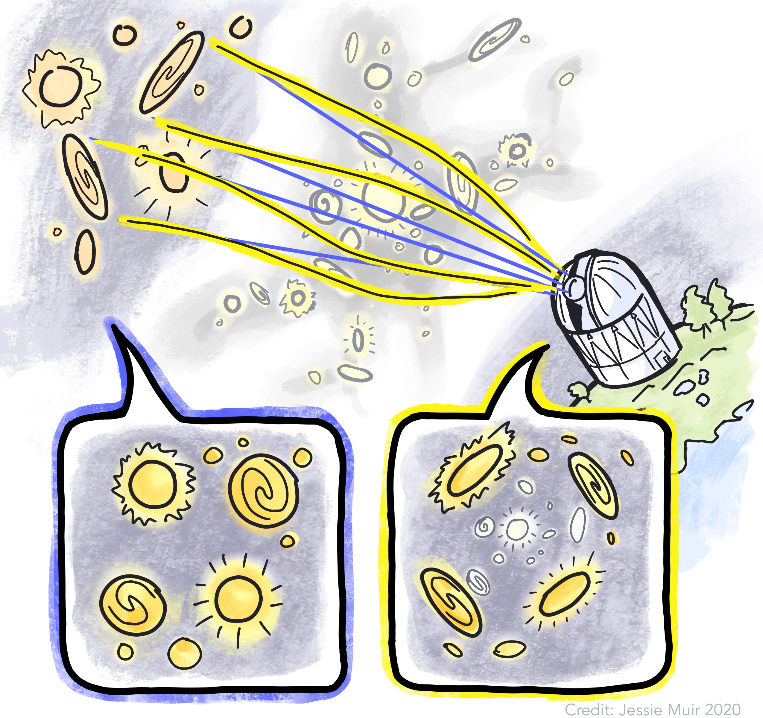 alt="Cartoon of weak gravitational lensing. Light from distant source galaxies gets deflected by large-scale structure between those galaxies and a telescope. Comic-style speech bubbles show pictures of the galaxies as they would appear for the telescope, with and without this deflection. When the light is deflected, the images of the background galaxies are distorted."